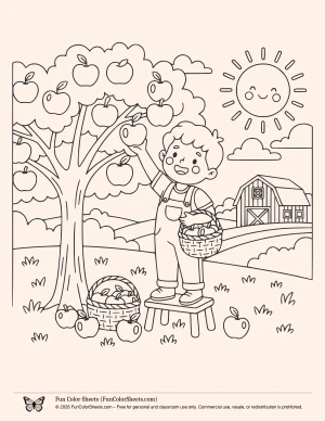 apple picking fall coloring sheet