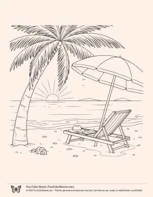 beach scene coloring book page