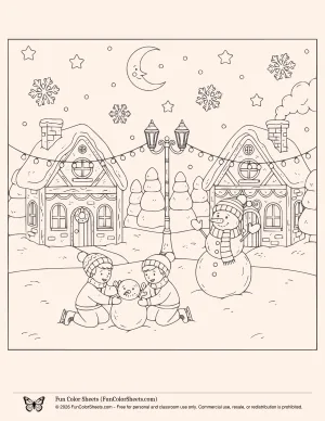 Kids building a snowman winter coloring page