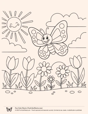 butterfly in a garden coloring page for kids