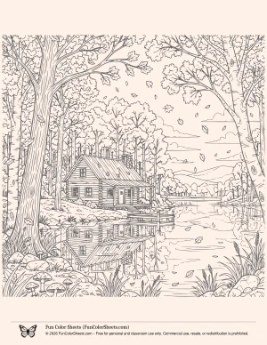 cozy cabin at the lake fall coloring page for adults