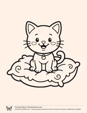 Cute Kitten on Cushion Coloring Page