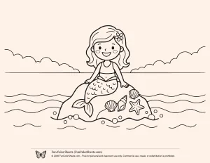Coloring Page of a Cute Mermaid on a Rock