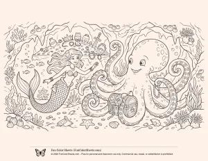 Detailed Mermaid and Octopus Coloring Page