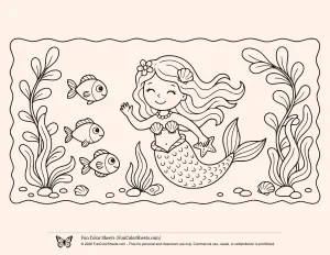 Easy Mermaid Underwater Scene Coloring Page