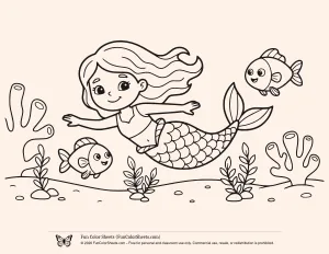 Easy Mermaid Swimming with Fish Coloring Sheet
