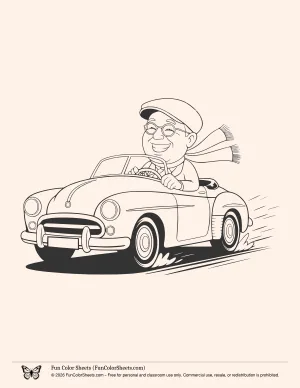 Grandpa Driving Car Cute Coloring Sheet