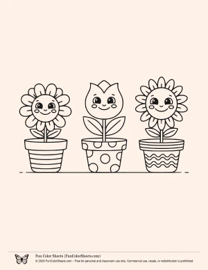 happy flower pots coloring picture for kids