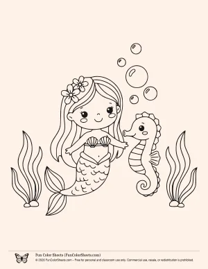 Mermaid Seahorse Coloring Page