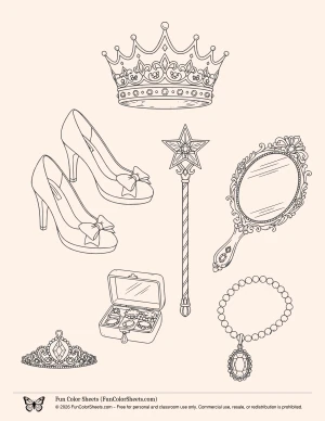 princess coloring page with crown, shoes, wand, mirror, jewel box, pearl necklace, and tiara