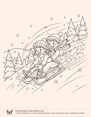 Winter sled ride coloring book page
