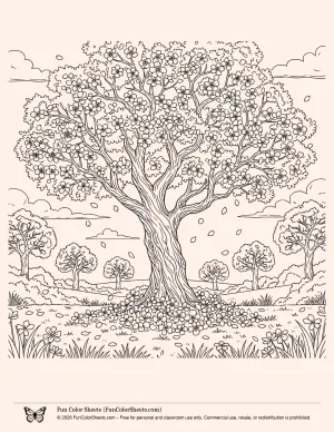 Blossoming Tree Spring Coloring Page