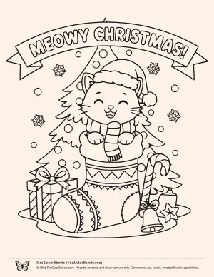 cat Christmas tree coloring page