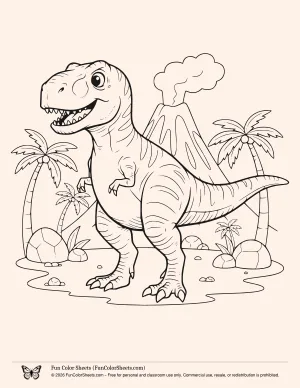 Dinosaur and volcano coloring page