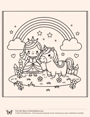 Easy princess, unicorn and rainbow coloring page for kids