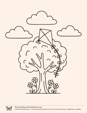 Kite in a Tree Spring Coloring Page