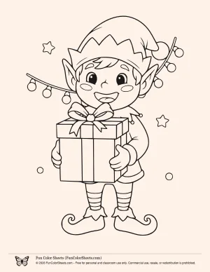 coloring sheet of an elf with a present