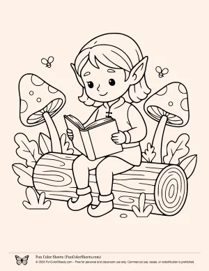coloring book image of an elf sitting on a log reading a book