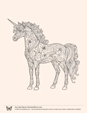 Floral Pattern Unicorn Coloring Sheet