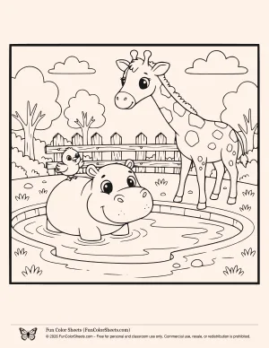 hippo and giraffe zoo coloring page