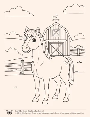 horse in front of a barn coloring page
