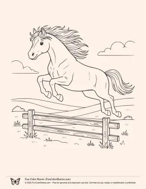 printable coloring page of a horse jumping a fence