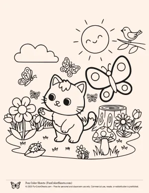 kitten in nature coloring page