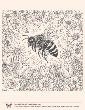 spring bee coloring page with flowers