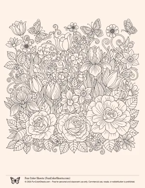 A coloring page of spring flowers and butterflies