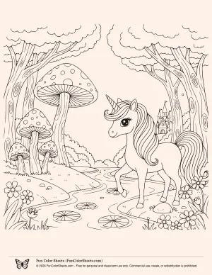 unicorn in a forest coloring sheet
