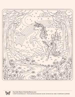 unicorn with rainbow and castle coloring page