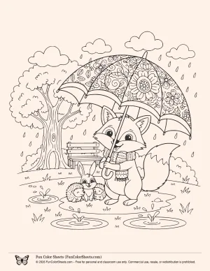 Cute Animal Umbrella Coloring Page