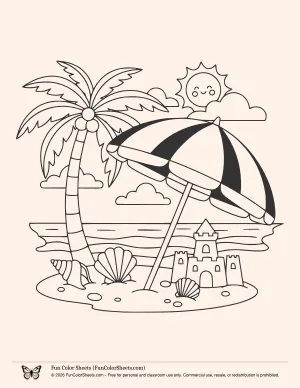 Beach Umbrella Sand Castle Coloring Page