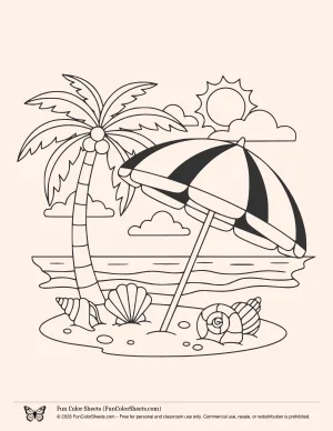 Beach Umbrella with Shells Coloring Page