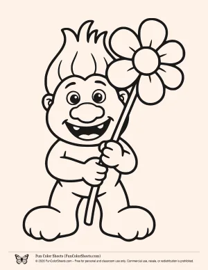 Troll Coloring Pages: Bold and Easy Coloring Page of Troll with Flower