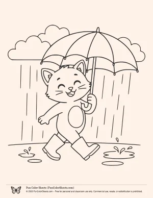 Cute Cat with Umbrella Coloring Page