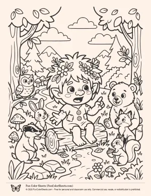 Coloring book page of a Cute Troll Telling Stories to Animals