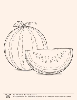 Detailed Watermelon and Slice page for coloring