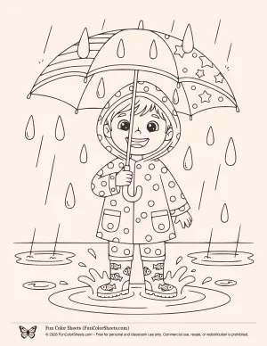 Kid with Umbrella in Rain Coloring Page