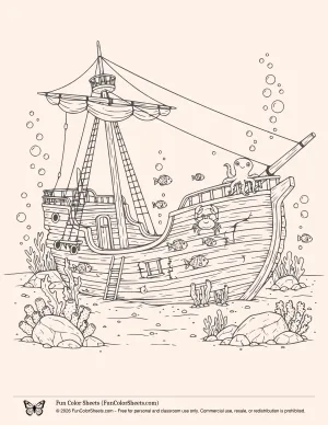 Shipwreck under the sea coloring page