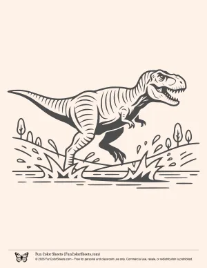 Free PDF coloring page of a T. Rex Crossing a River