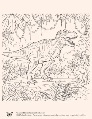 T. Rex Jungle Scene Coloring Page