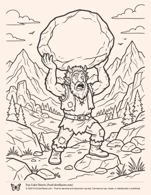 Coloring book page of a troll carrying a heavy rock with mountain scenery