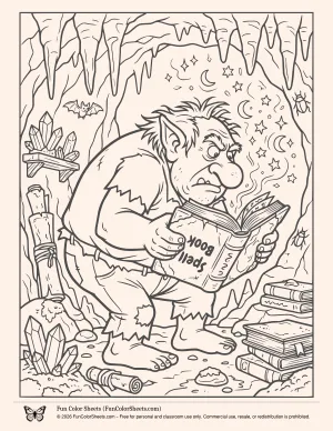 Coloring page of a troll reading a spell book upside down
