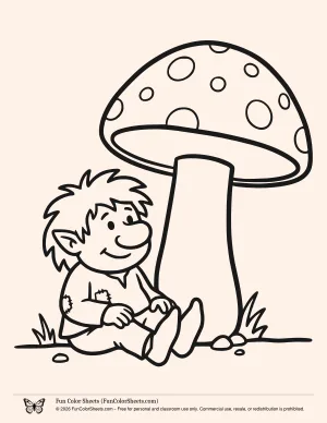 Free troll coloring pages: a cute troll sitting under a mushroom
