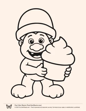 Coloring page of a Troll with a Big Cupcake Wearing a Hat