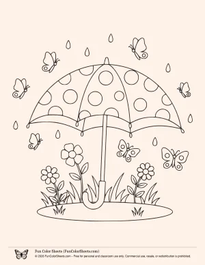 Umbrella with Patterns and Butterflies Coloring Page