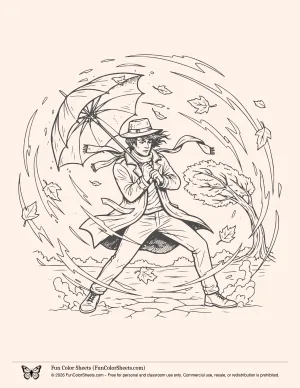 Man with Umbrella in Windy Weather Coloring Page