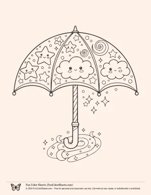 Umbrella with Stars and Clouds Coloring Sheet
