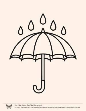 Coloring page of an umbrella with rain drops